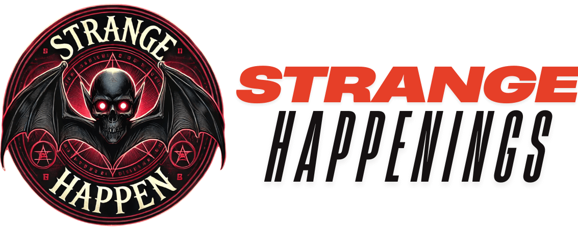A circular eerie logo for 'Strange Happen', featuring bat-like wings, a skeletal face with glowing eyes, and gothic-style text in a dark, misty atmosphere with text strange happenings