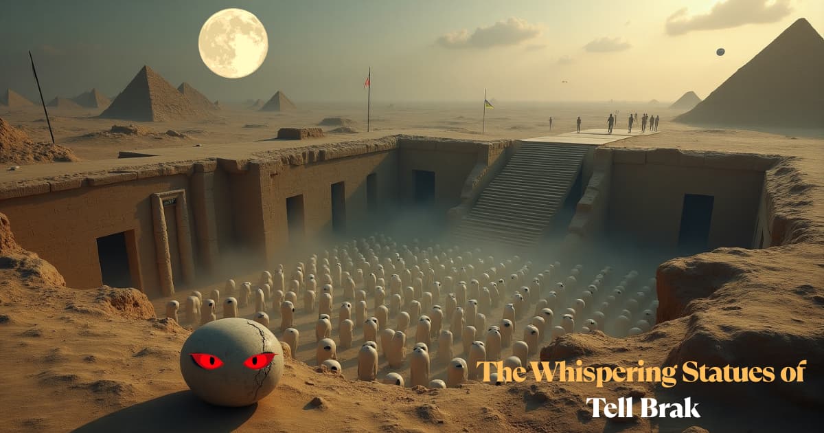 The Whispering Statues of Tell Brak in the ancient ruins, with glowing eyes and ghostly forms hovering in the air.