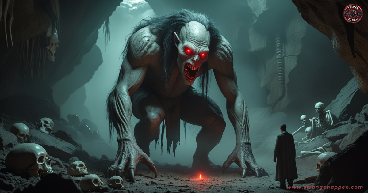 The Mum of Quetta” — a terrifying humanoid beast with a muscular body and a disturbing human-like face crouches inside a dark cave. Its glowing red eyes pierce the shadows as it watches a lone human figure nearby. Ancient bones and mist fill the eerie, stone-walled cavern.