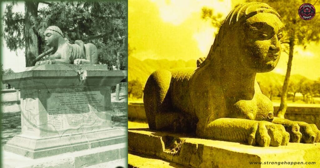 Two sphinx-like statues with human heads and lion-like bodies, symbolizing the Mum of Quetta myth.