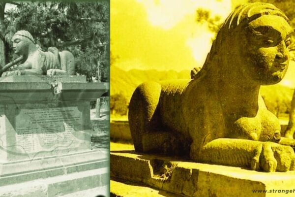 Two sphinx-like statues with human heads and lion-like bodies, symbolizing the Mum of Quetta myth.
