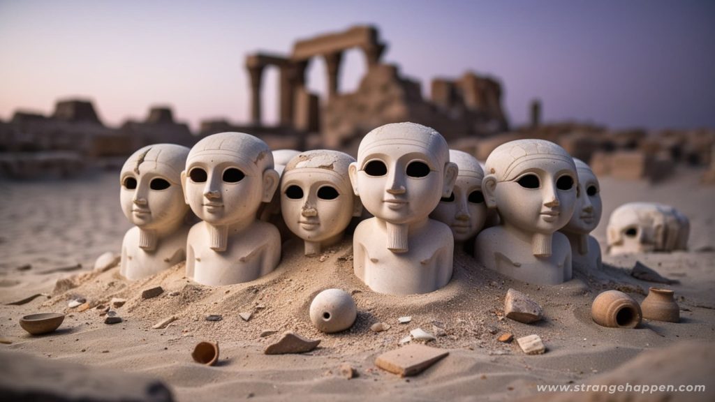 The Whispering Statues of Tell Brak partially buried in sand with ruins in the twilight background