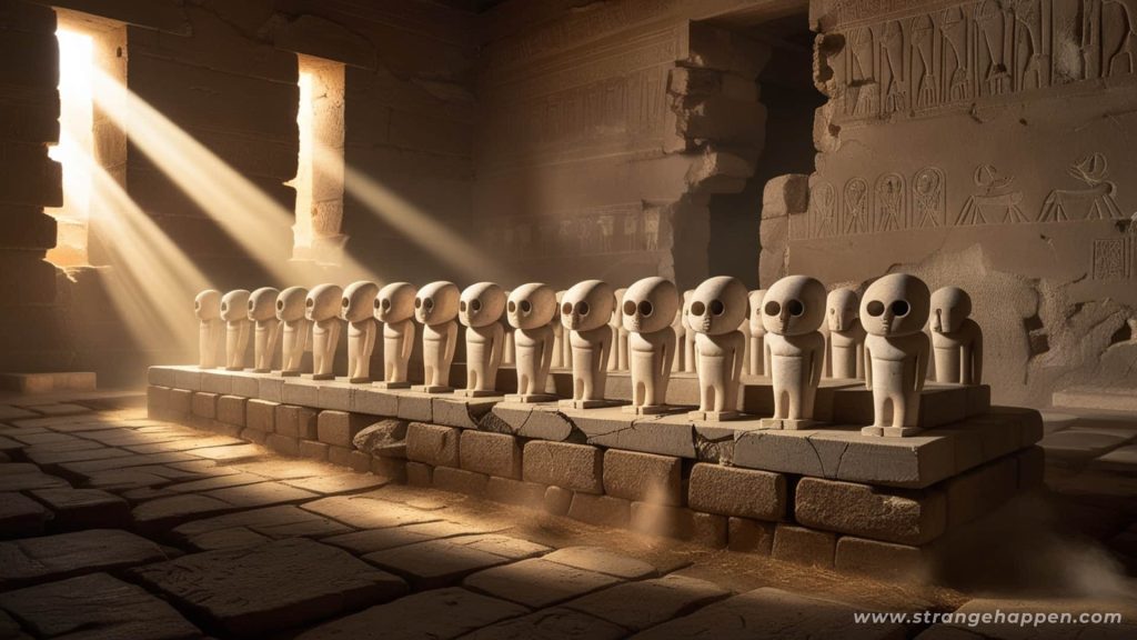 Interior of a Mesopotamian temple showing the Whispering Statues of Tell Brak lined up in golden light