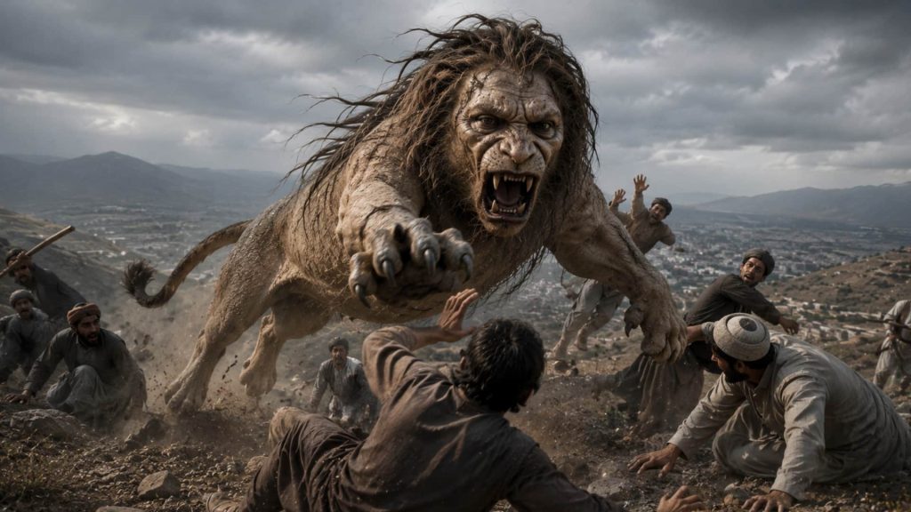 Mum of Quetta, a mythical lion-human creature confronting people on a rocky mountain