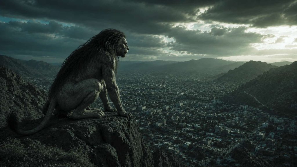Mum of Quetta, a realistic lion-like creature overlooking Quetta from a rocky mountain
