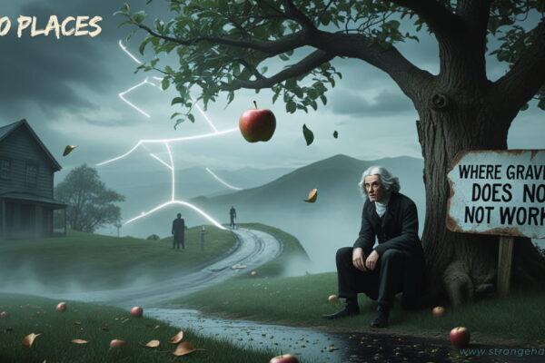 "Suspended apple floating mid-air beside Isaac Newton under an eerie sky, symbolizing places where gravity does not work.