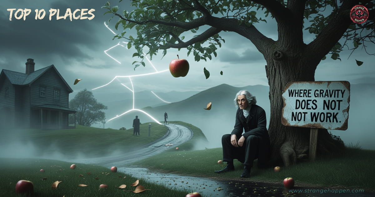 "Suspended apple floating mid-air beside Isaac Newton under an eerie sky, symbolizing places where gravity does not work.