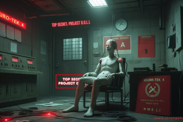 A lifelike mannequin connected to Soviet control panels inside an abandoned Cold War-era lab labeled Project D.O.L.L.