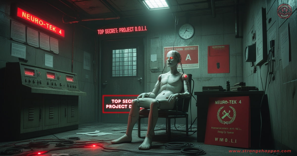 A lifelike mannequin connected to Soviet control panels inside an abandoned Cold War-era lab labeled Project D.O.L.L.