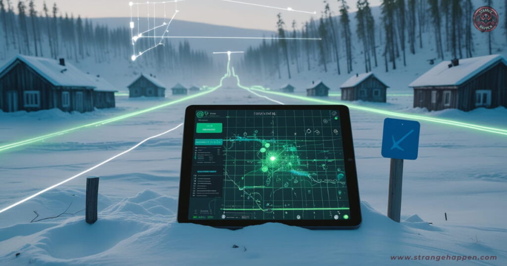 A digital tablet displaying a glowing map with green data points and grid lines lies on a snowy landscape, surrounded by snow-covered wooden cabins in a cold Siberian forest — a visualization of the reappearing villages of Siberia.