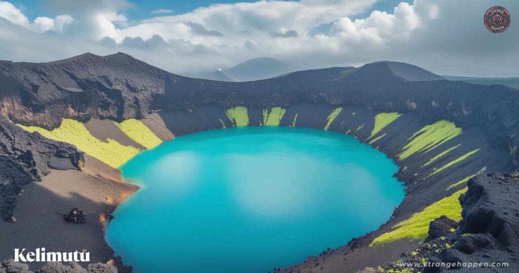 Vibrant turquoise crater lake in a volcanic caldera at Mount Kelimutu, surrounded by rugged rock formations and dramatic skies.