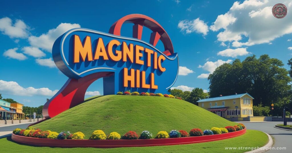 Bold curved Magnetic Hill sign with flowerbeds on a grassy slope, marking the entrance to a place where gravity doesn’t work in Canada.