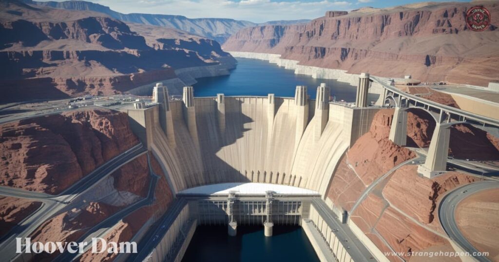 High-angle view of Hoover Dam spanning a deep blue reservoir in a desert canyon, where water appears to defy gravity due to strong updrafts.