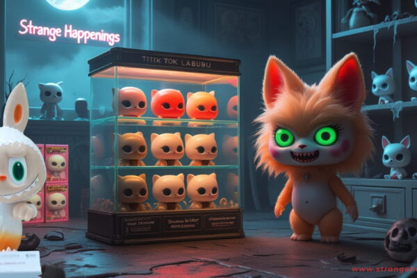 Labubu dolls in eerie collectible shop with glass case of cat figurines, neon "Strange Happenings" sign, and moody blue-green lighting.