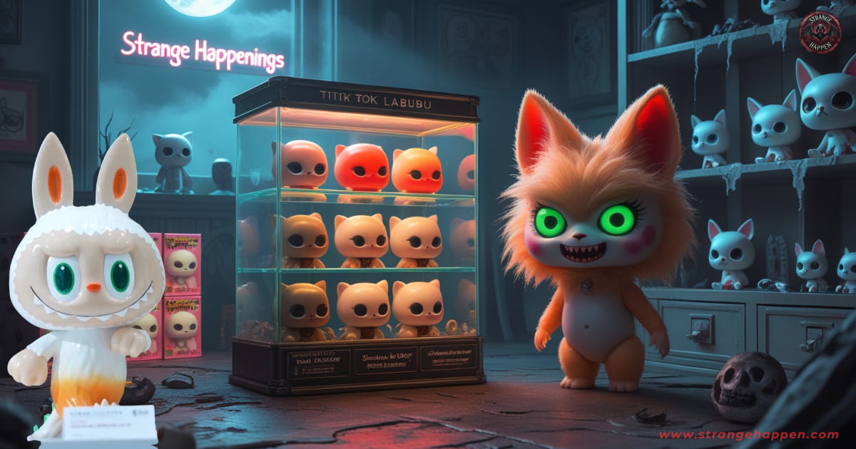 Labubu dolls in eerie collectible shop with glass case of cat figurines, neon "Strange Happenings" sign, and moody blue-green lighting.