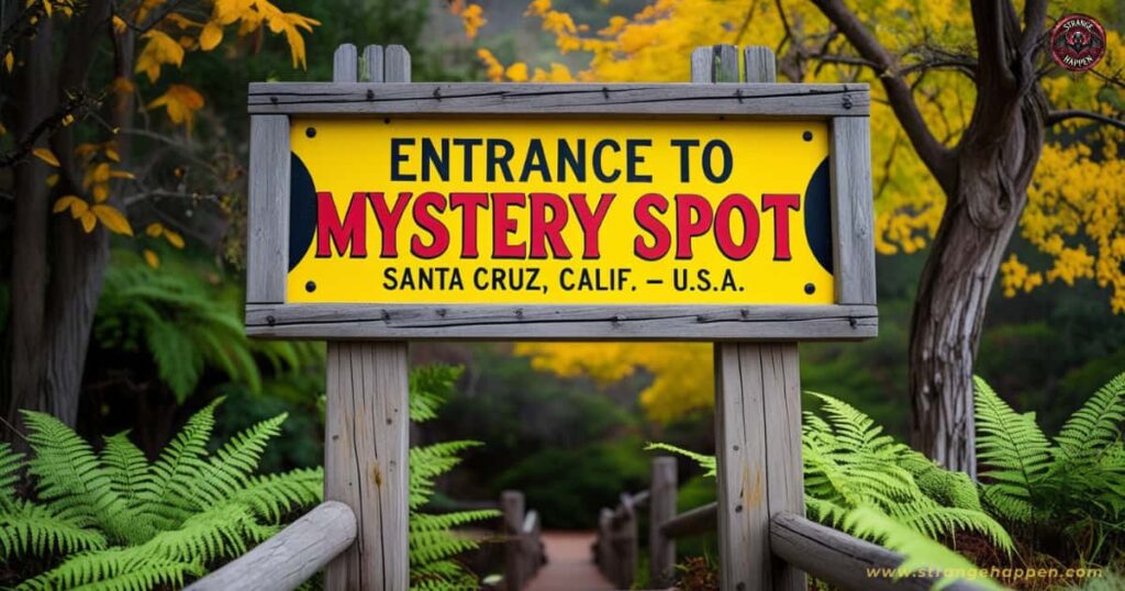 Bright yellow wooden sign reading 'Entrance to Mystery Spot, Santa Cruz, Calif. – U.S.A.' surrounded by green ferns and autumn trees.