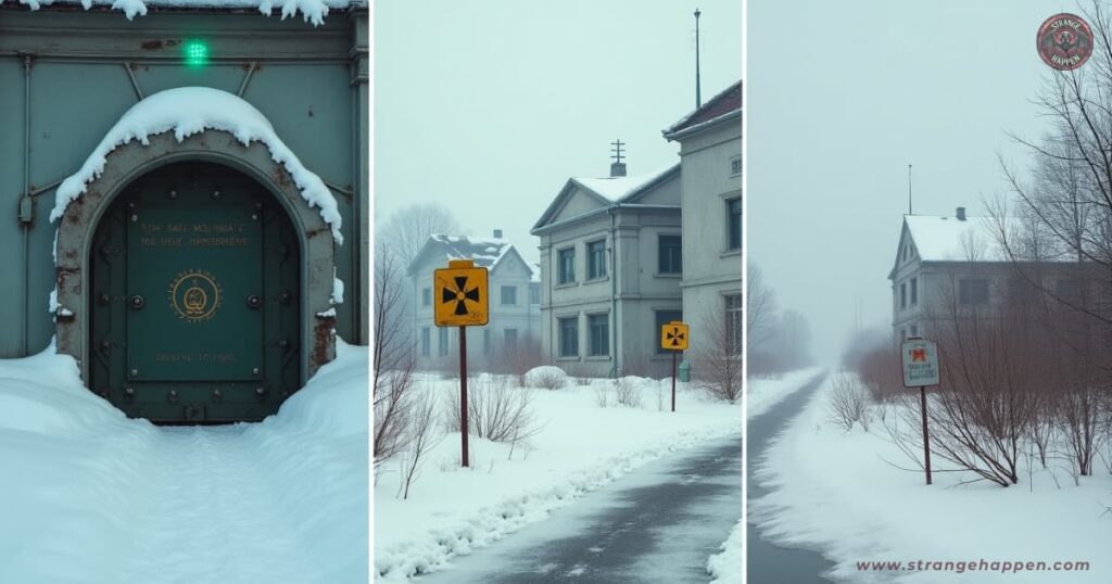 A desolate, snow-covered road lined with abandoned gray buildings showing signs of decay, marked by yellow radiation hazard signs, beneath a gray, overcast winter sky.