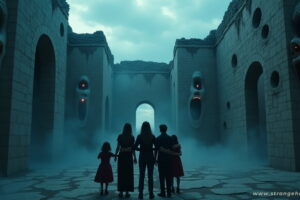 A shadowy family stands together in the haunted ruins known as the Village of Whispering Walls, surrounded by eerie stone faces with glowing red eyes.