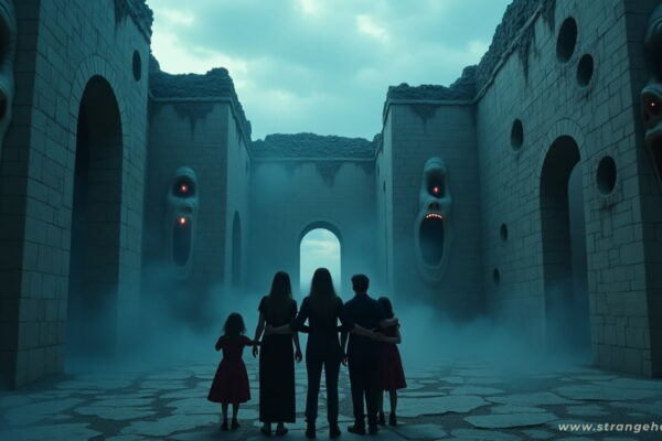 A shadowy family stands together in the haunted ruins known as the Village of Whispering Walls, surrounded by eerie stone faces with glowing red eyes.