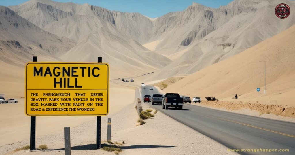 A yellow magnetic hill sign in Ladakh, India, marking a mysterious place where gravity does not work and cars roll uphill.