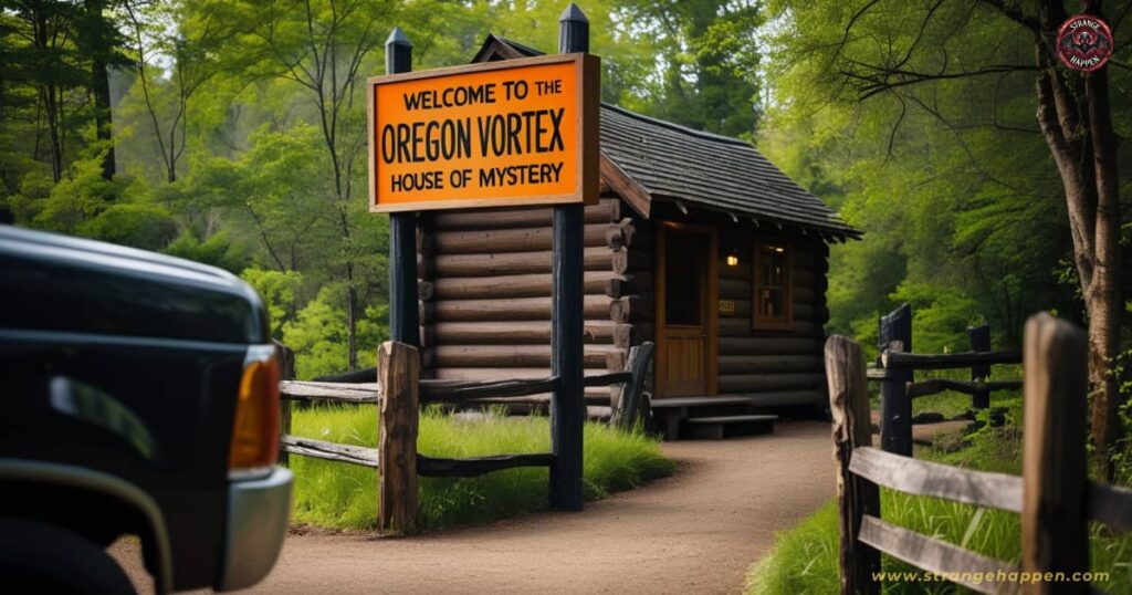 Entrance sign to the Oregon Vortex House of Mystery in a wooded area, a place where gravity doesn’t work as expected.