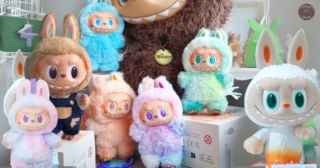 A collection of Labubu dolls dressed in pastel animal-themed costumes with large eyes, big teeth, and playful expressions, arranged together in bright lighting.