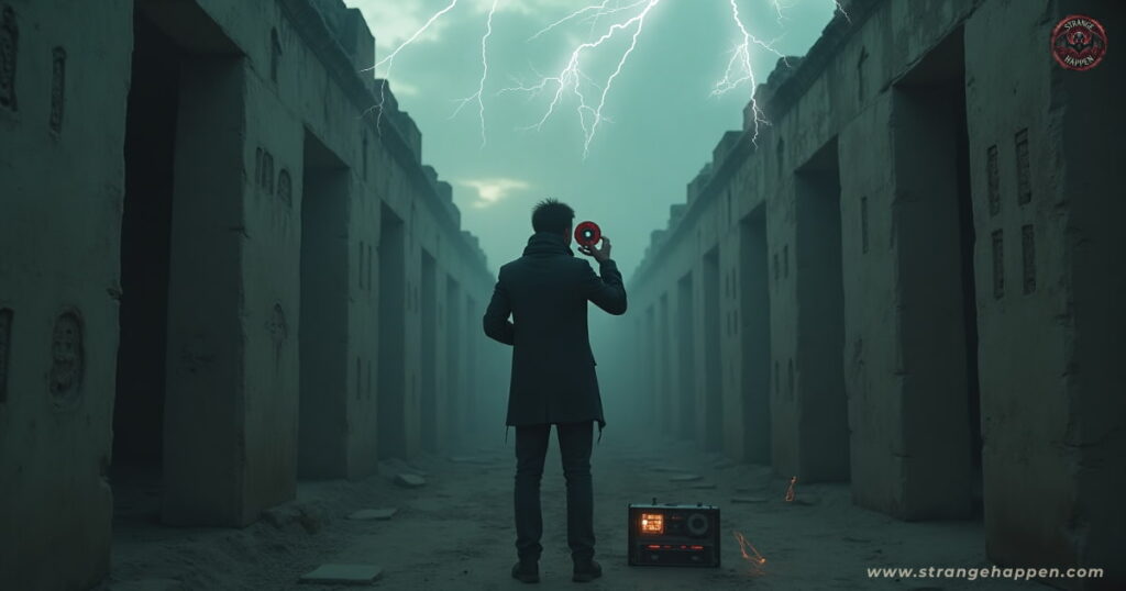 A lone traveler in ancient ruins listens to a vintage tape recorder as ghostly whispers and faces emerge from the mist around him.