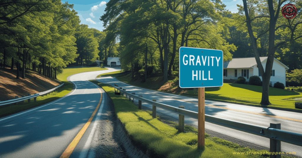 Blue Gravity Hill sign on a wooden post by a rural road, pointing toward a place where gravity doesn’t work.