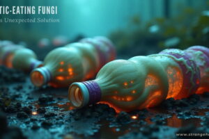 Decaying plastic bottles covered in strange fungi on damp, dark ground with glowing, eerie fungal growth — concept of plastic-eating fungi breaking down waste.