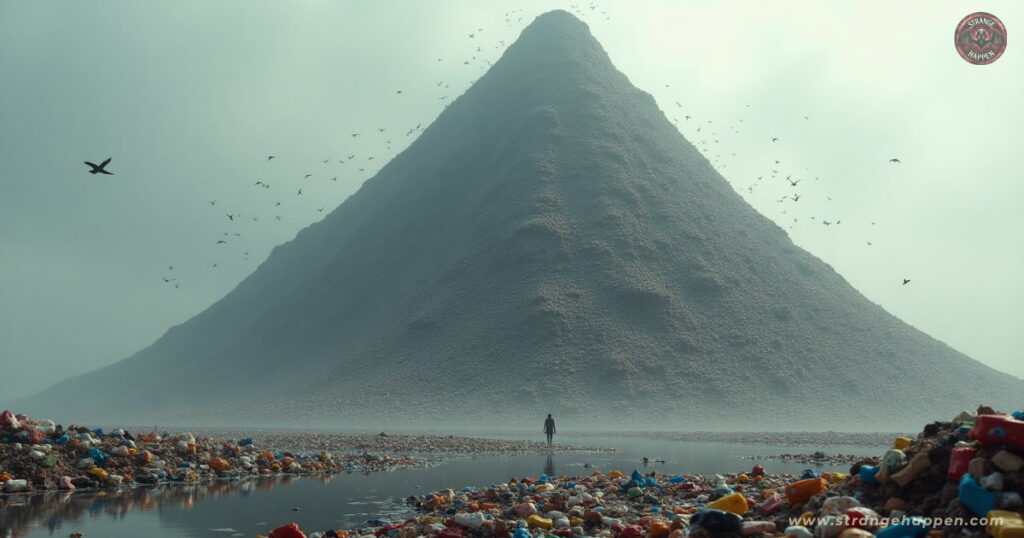 A towering mountain of plastic waste with a single fungus sprouting from it, symbolizing plastic-eating fungi in action.