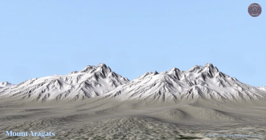 Panoramic mountain range with labeled snow-capped peaks of Mount Aragats, a place where gravity doesn’t work as expected.