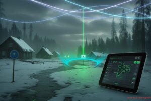 A snowy Siberian forest with small wooden houses half-buried in snow, a tablet with a glowing digital map in the foreground showing augmented reality lines hovering in the icy air — representing the strange reappearing villages of Siberia.