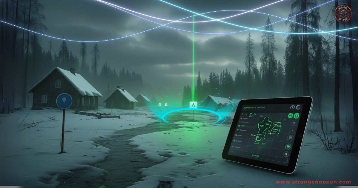 A snowy Siberian forest with small wooden houses half-buried in snow, a tablet with a glowing digital map in the foreground showing augmented reality lines hovering in the icy air — representing the strange reappearing villages of Siberia.