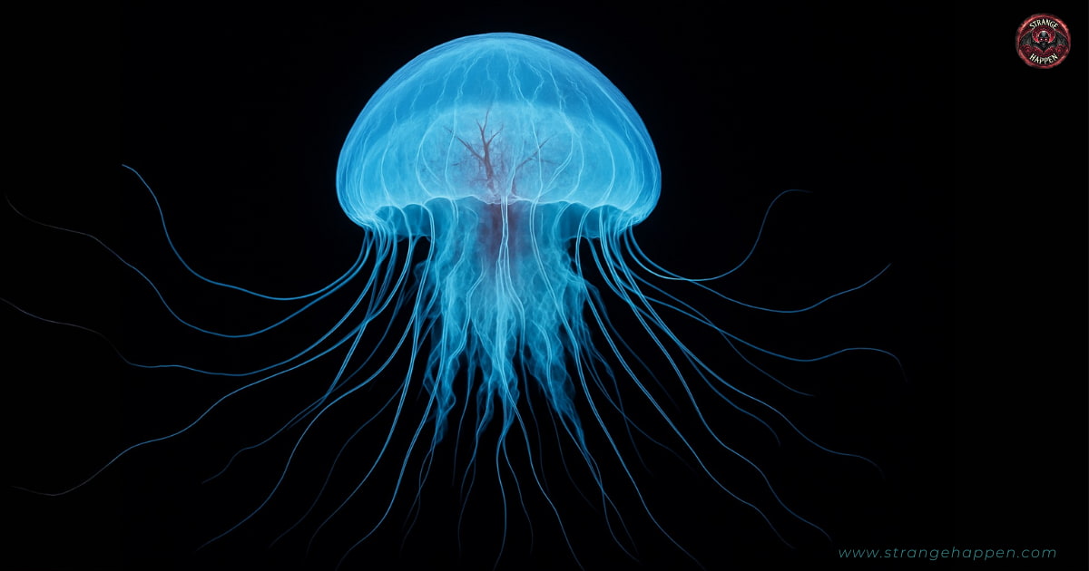 The Immortal Jellyfish with a glowing light-blue bell and radiating tentacles, suspended against a pure black background in a scientific-style composition.