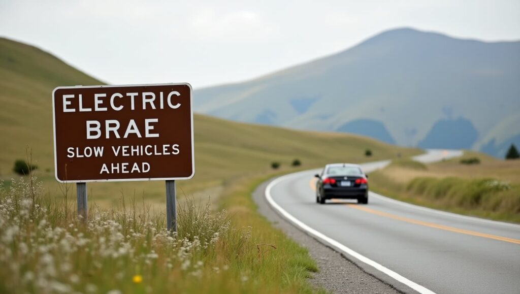 Brown Electric Brae road sign in rural Scotland, warning of slow vehicles ahead near a gravity-defying road.