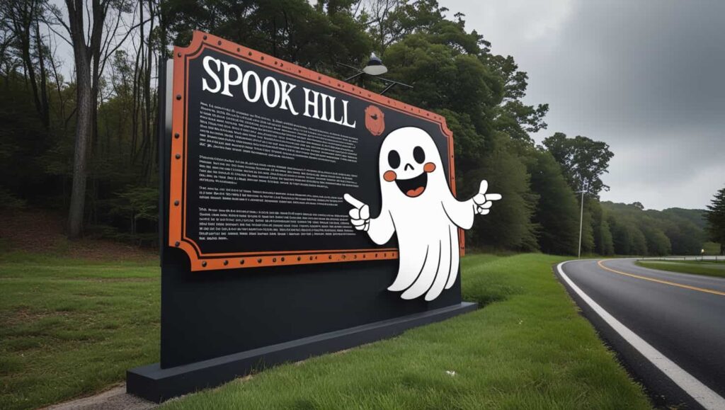 Cartoon ghost on Spook Hill roadside sign in Florida, explaining the legend of a place where gravity doesn’t work.