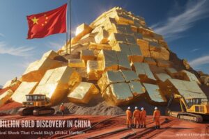 Towering golden mountain in China’s Wangu goldfield, symbolizing China’s $83 billion gold discovery with geologists and excavation machinery.