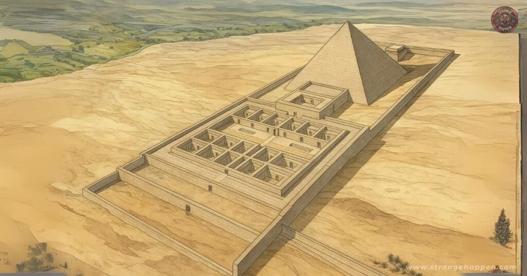 Aerial illustration of the Labyrinth of Egypt showing a large pyramid and a grid-like rectangular chamber complex in the desert.