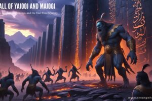 Yajooj and Majooj swarm a massive iron wall sealed by Dhul-Qarnayn, under stormy twilight skies, in an epic mythic scene.