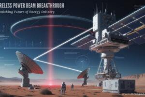 Two astronauts in futuristic suits observe DARPA wireless power beams connecting a tower to satellites over a Martian-like desert landscape.