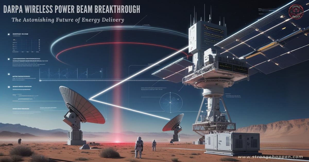 Two astronauts in futuristic suits observe DARPA wireless power beams connecting a tower to satellites over a Martian-like desert landscape.
