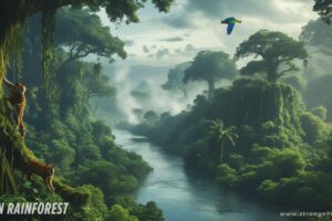 A breathtaking scene of the Amazon Rainforest with thick green trees, the flowing Amazon River, and rare wildlife like a jaguar, sloth, and pink river dolphin — capturing the silent crisis unfolding through strange happenings in this vital ecosystem.