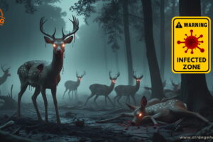 Infected deer with glowing red eyes and bloodied bodies in a dark, foggy forest marked by a "WARNING INFECTED ZONE" sign, symbolizing Zombie Deer Disease.
