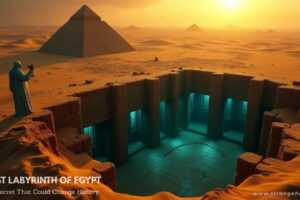 Aerial sunset view of the Egyptian desert showing the buried Labyrinth of Egypt beneath the Pyramid of Amenemhat III, with ghostly Herodotus floating above and glowing symbols inside stone chambers.
