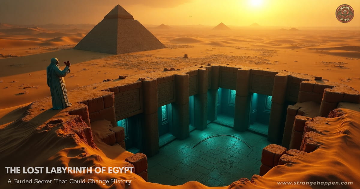 Aerial sunset view of the Egyptian desert showing the buried Labyrinth of Egypt beneath the Pyramid of Amenemhat III, with ghostly Herodotus floating above and glowing symbols inside stone chambers.