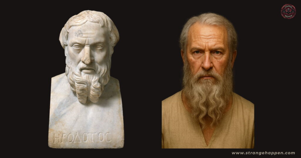 Side-by-side comparison of a marble bust and digital portrait of an older Greek man symbolizing Herodotus, who described the Labyrinth of Egypt.