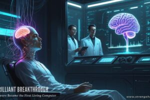 A human connected to Brainoware—the living computer—inside a dark lab as scientists monitor brainwave data on a glowing screen, hinting at strange happenings.