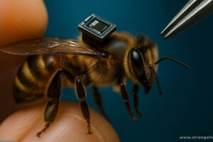 Close-up of a honeybee fitted with micro technology, representing the concept of mind-controlled bees in scientific research.