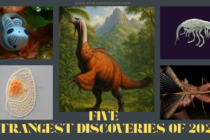A scientific collage showcasing the five strangest discoveries of 2025. Top left: a light-blue marine organism named Skeleton-Panda Sea Squirt with rounded cartoon-like eyes. Top center: a feathered dinosaur, Duonychus tsogtbaatari, depicted in a classical painting style amidst a lush jungle. Top right: a translucent shrimp-like crustacean, Dulcibella camanchaca, with a soft 3D rendering. Bottom left: a microscopic segmented archaeon, Candidatus Sukunaarchaeum mirabile, displaying orange internal structures. Bottom right: a large winged insect, Acrophylla alta, held in a human hand, showing detailed anatomical features.