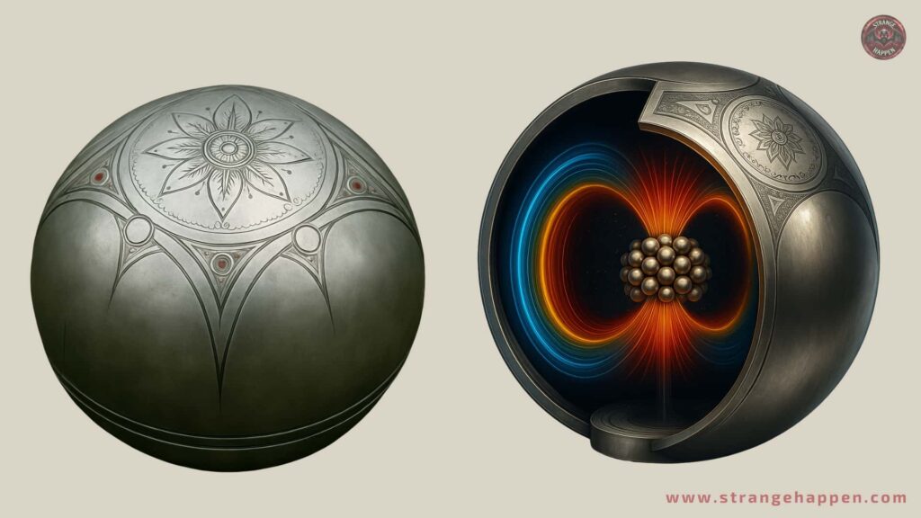 Two Buga Spheres side-by-side; one solid with ornate engravings, the other a cutaway revealing atomic energy patterns.